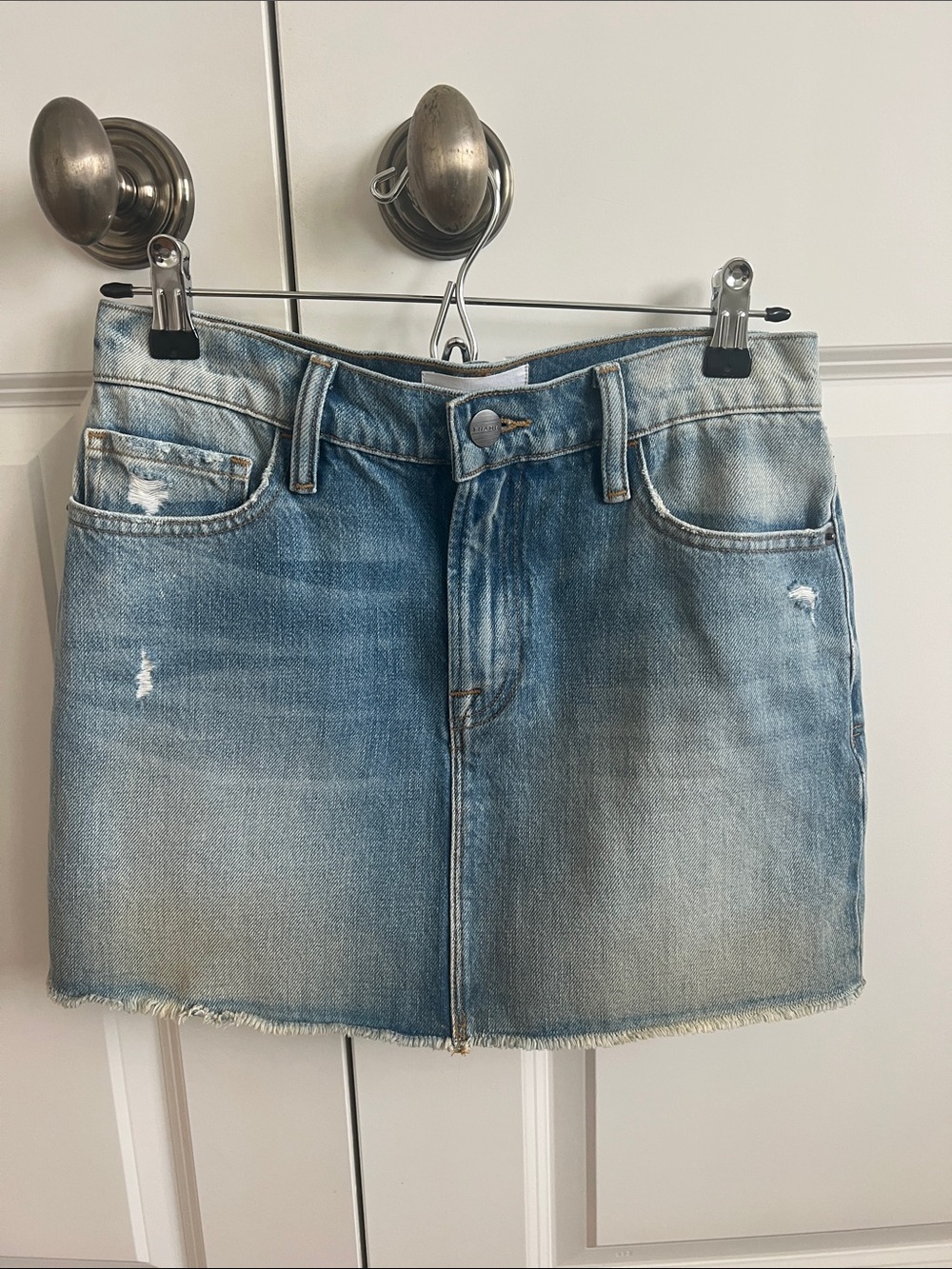 Frame Denim Light Blue Distressed Denim Mini Skirt